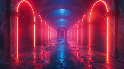 Abstract neon light geometric background. Glowing neon lines. Empty futuristic stage laser. Colorful rectangular laser lines. Square tunnel. Night club empty room. Laser show design