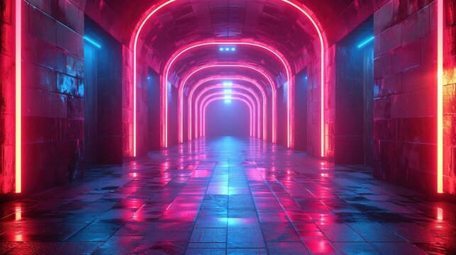 Abstract neon light geometric background. Glowing neon lines. Empty futuristic stage laser. Colorful rectangular laser lines. Square tunnel. Night club empty room. Laser show design