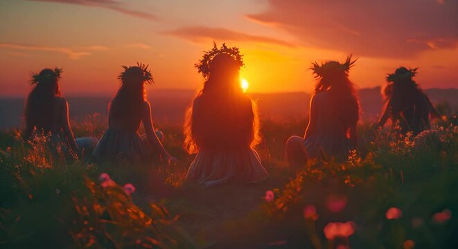 Women with long hair and wreaths on their heads sit in the grass at sunset, facing the sun setting before them. Midsummer, Summer Solstice festival. 