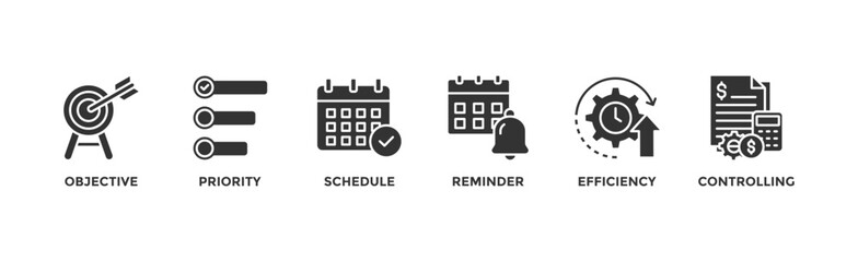 Time management banner web icon vector illustration concept with icon of objective, priority, schedule, reminder, efficiency, alerts, and controlling