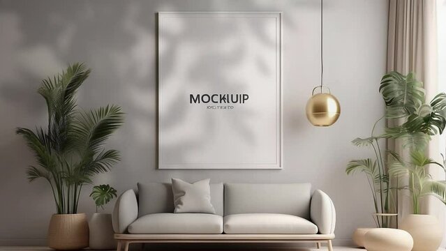 3D rendering. Mockup poster frame with minimalist modern interior background.