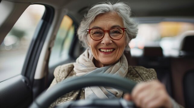 Joyful Car Ownership: Smiling Mature Woman Enjoying New Ride