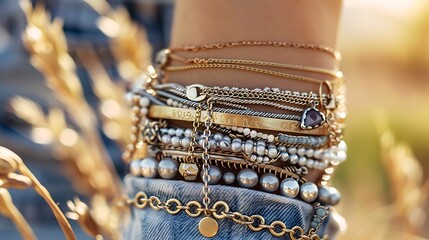 A close-up image of a woman's wrist adorned with multiple stylish bracelets.
