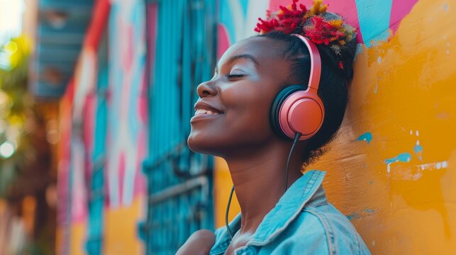 Stylish Freedom: Happy Woman Enjoying Music With Wireless Headphones