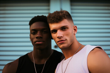 portrait of a young gay couple, one guy is black the other is white, handsome muscular fit men, outdoors, wearing tank tops, necklaces, blue background, love, happy boyfriends, complicity, diversity