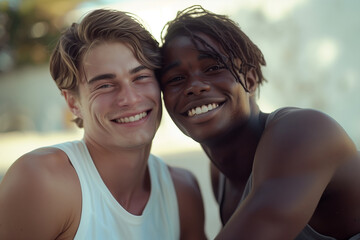 portrait of a gay couple, one guy is black the other is white, cute, relaxing outdoors, smiling, laughing, cudling, wearing tank tops, love, happy boyfriends, complicity, diversity, attractive