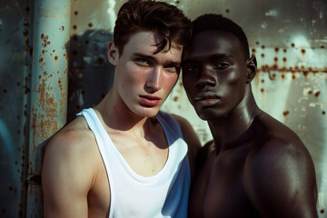 portrait of two attractive gay men, one black shirtless guy and one white man wearing a tank top, handsome, close, hot, in sunlight, raw background with rust, boyfriends, complicity, diversity, models