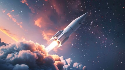 Naklejka na ściany i meble a rocket blasting off into space, leaving competitors behind, symbolizing the idea of innovation and pushing boundaries as a means to achieve a competitive advantage in strategic marketing