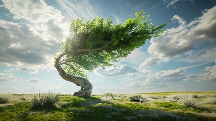 tree bending but not breaking in a strong wind, symbolizing resilience and adaptability in the face of adversity - obrazy, fototapety, plakaty