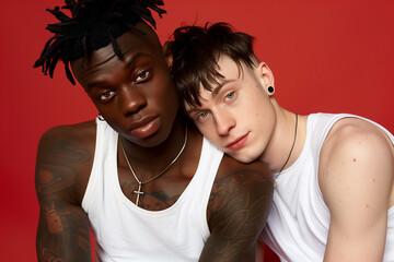 portrait of a young gay men couple, one guy is black the other white, cute, in their twenties, indoors, cudling wearing white tank tops, red background, love, happy boyfriends, complicity, diversity