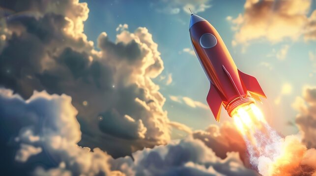 a rocket ship soaring ahead of competitors in a race, symbolizing the idea of achieving competitive advantage through innovation and speed in marketing strategies