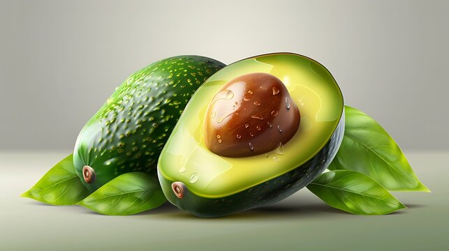 Fresh and healthy avocado with green leaves. Detailed and photorealistic 3D illustration.
