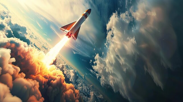 a rocket blasting off into space, leaving competitors behind, symbolizing the idea of innovation and pushing boundaries as a means to achieve a competitive advantage in strategic marketing