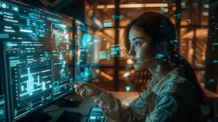 Expert Woman Analyzing Data with Futuristic AI Interface
