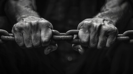 Grasping strength: hands clutching a heavy chain - obrazy, fototapety, plakaty