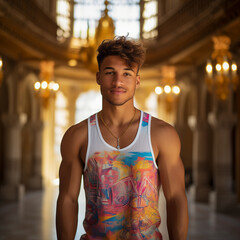 portrait of a handsome black young man in a palace wearing a colroful tank top, necklace, lights candles in background, smiling, playful smile, self confident professional attractive model