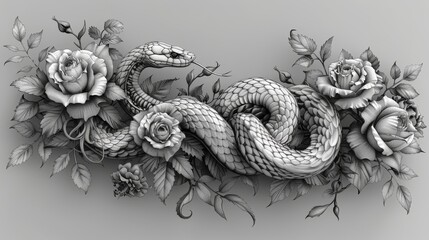 Monochromatic serpent and roses illustration