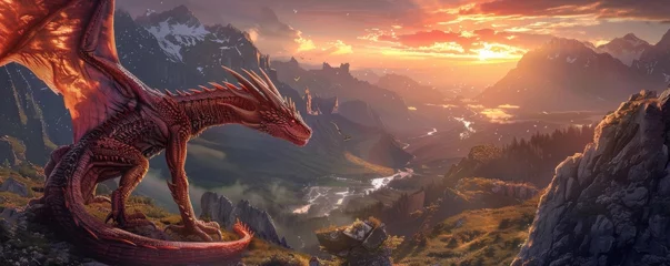 Gordijnen Majestic dragon overlooking a mountainous landscape at sunset © Denys