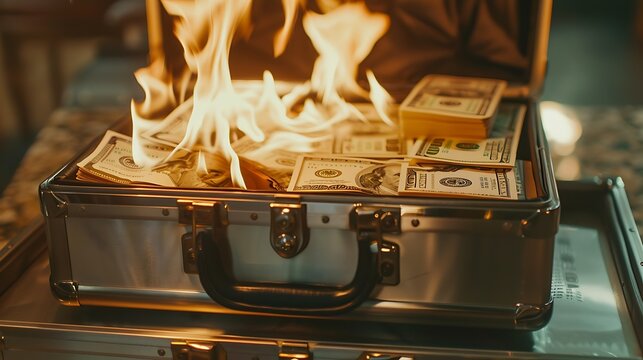 Flames engulf a briefcase full of cash, casting an eerie glow on the surrounding darkness.