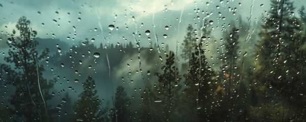 Rainy forest view through wet glass window