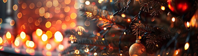 Joyful Christmas Celebrations: Tree, Fireplace, and Bokeh Background - obrazy, fototapety, plakaty