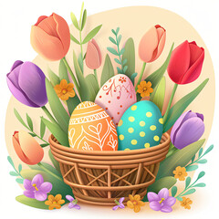 Colorful eggs in basket with tulip flower and leaves for holiday. Nest full of chocolate egg and spring flowers. Springtime template for greeting card, banner, poster