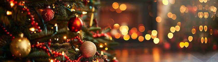 Fototapeta na wymiar Joyful Christmas Celebrations: Tree, Fireplace, and Bokeh Background