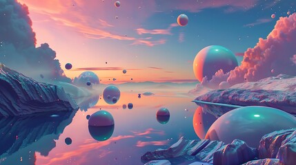 Tranquil dawn over a surreal icy lake, with pink clouds and floating orbs reflecting in the water.