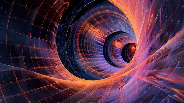 Abstract digital vortex of blue and orange colors.