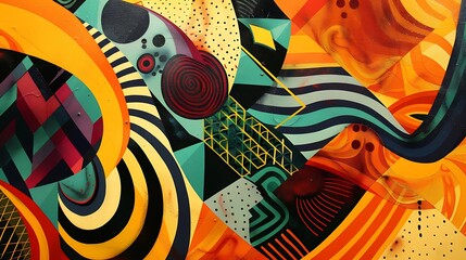 vibrant geometric shapes and patterns in bright colors, reminiscent of a graffiti-covered wall,...