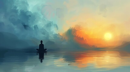 Tranquil evening. A lone figure sits in meditation on a lake, surrounded by a vibrant sunset and a tranquil sky.