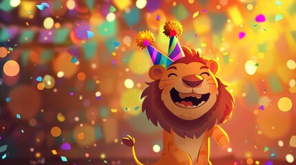 Fototapeta premium Happy Lion Celebrating at a Party