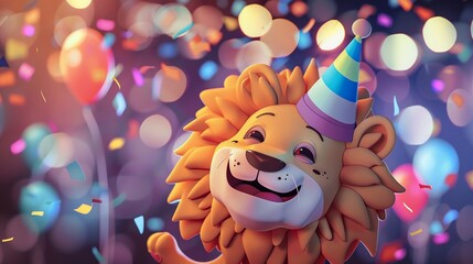 Happy Lion Celebrating at a Party