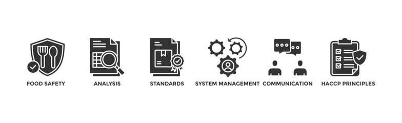 ISO 22000 banner web icon vector illustration concept for food safety standard with icon of analysis, standards, system management, communication, and haccp principles	