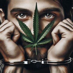 Close up of an arrested cannabis consumer with handcuffed hands. Cannabis leaf. Consumer was caught with weed. Law and police concept. Legalization. Marijuana ganja weed. Generative AI - obrazy, fototapety, plakaty