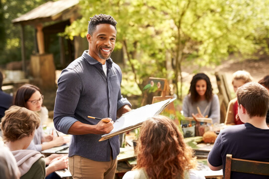 joyful African American man art teacher and diverse group of adult students embraces plein air painting. Summer nature on background. Concept of art plein, interactive outdoor class art education