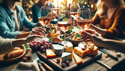Toast to Friendship with Rosé Wine Over Cheese and Fruit - obrazy, fototapety, plakaty