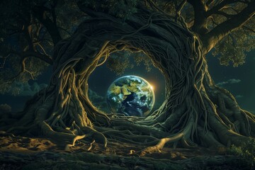 An Ancient Tree Root System Enveloping a Globe, Illuminated by Moonlight 
