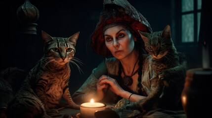 A woman with a cat and a small child wearing a hat