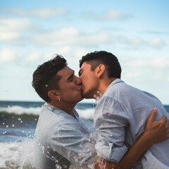 Two men kissing in the ocean