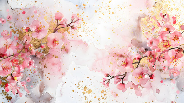 watercolor, gold foil and cherry blossom, in the style of a paint palette with watercolour wet ink