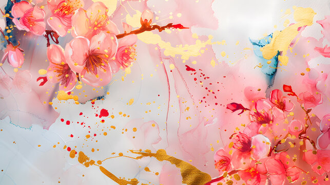 watercolor, gold foil and cherry blossom, in the style of a paint palette with watercolour wet ink