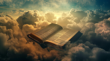 Epic scene with bible surrounded by clouds in the sky - obrazy, fototapety, plakaty