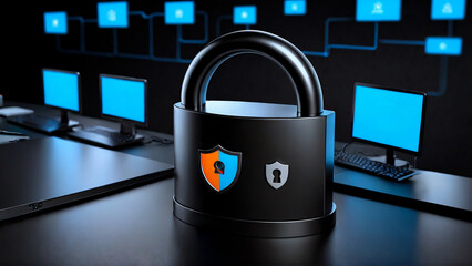 internet security and data protection, cyber security, technology background with a padlock, 8k