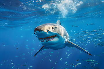 Great White Shark in blue ocean. Underwater photography. Predator hunting near water surface