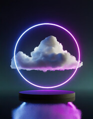 3d render, fantasy background with glowing neon ring and white cloud above the calm water. Abstract seascape.