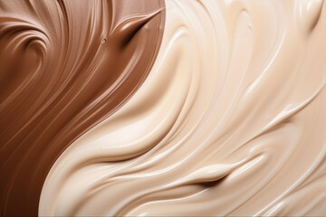smooth texture of liquid melted chocolate and milk cream, poured onto the surface