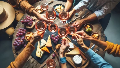 Fotobehang Toast to Friendship with Rosé Wine Over Cheese and Fruit © arinahabich