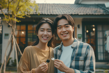 Young Asian couple holding keys and standing outside their new home