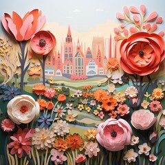 City park in spring paper cut multicolored flowers